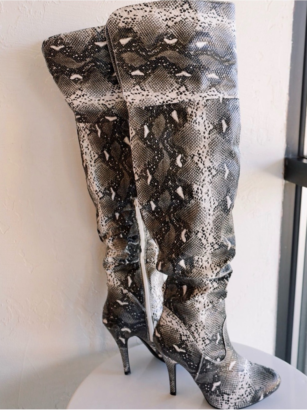 Forever Snake-Print Over-the-Knee Stiletto Boots in Black and White
